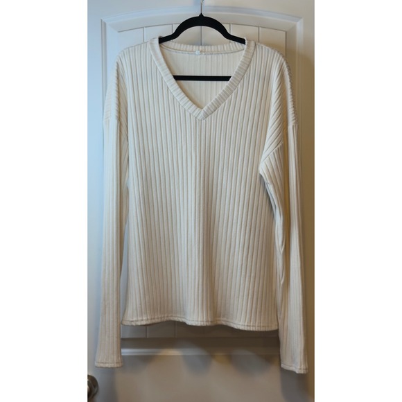 Shein Cream Ribbed Knit  2pc Set V Neck Top Wide Leg Pants Cozy Workwear 2X # - Picture 4 of 16